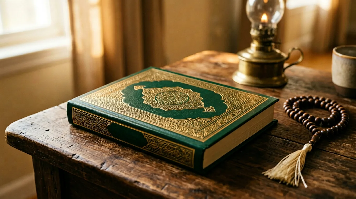 Closed copy of the Holy Quran on a wooden table beside prayer beads (tasbih)